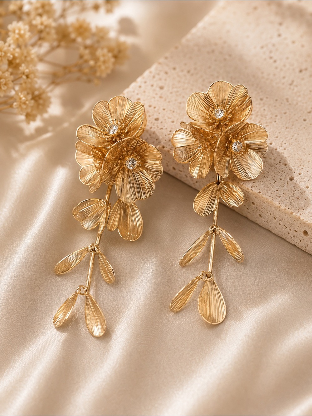 Gold Floral Drop Earrings - Picture 1 of 6